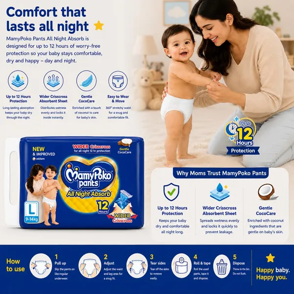 MamyPoko_Pants_All_Night_Absorb_Baby_Diaper,_Large_(L),_9-14_kg_|_Up_to_12_Hours_Dryness_Protection