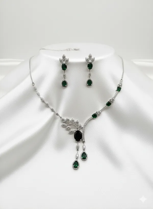 Green_American_Diamond_Cubic_Zirconia_Necklace_With_1_Pair_Of_Earrings_For_Women