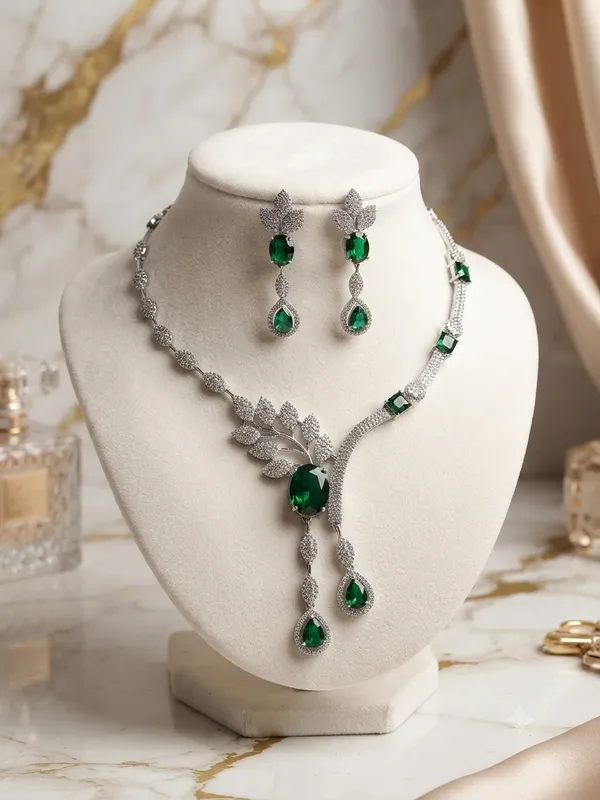 Green_American_Diamond_Cubic_Zirconia_Necklace_With_1_Pair_Of_Earrings_For_Women