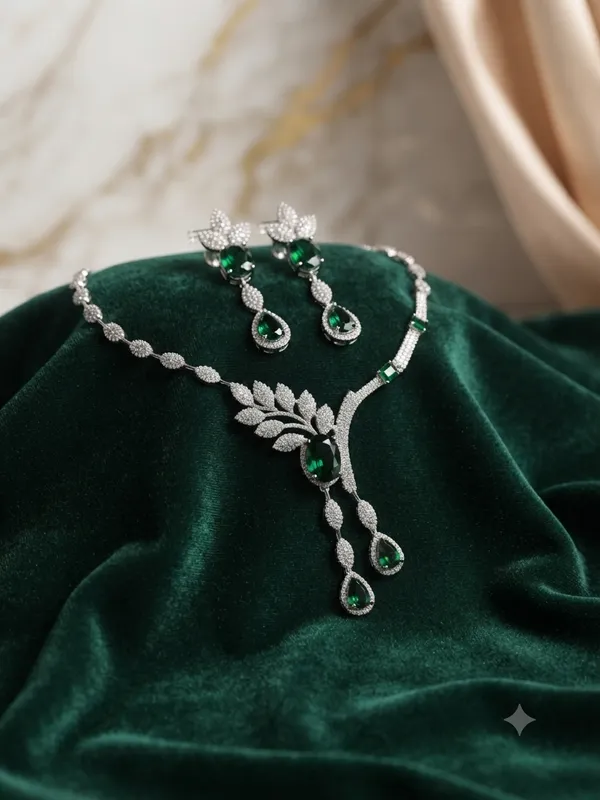 Green_American_Diamond_Cubic_Zirconia_Necklace_With_1_Pair_Of_Earrings_For_Women