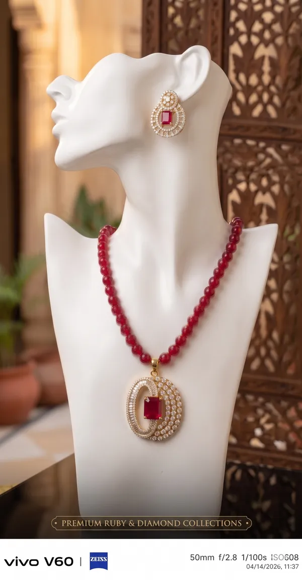 Ruby_American_Diamond_bracket_pendant_with_mehroon_duldul_beads_mala_with_Earring_Set