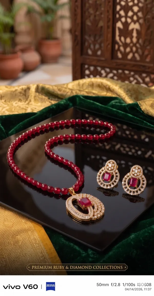 Ruby_American_Diamond_bracket_pendant_with_mehroon_duldul_beads_mala_with_Earring_Set