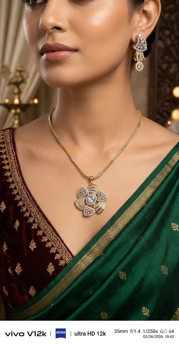Gold_Plated_Brocket_American_Diamond_Pendant_with_Rhodium_Chain_and_Stud_Earrings