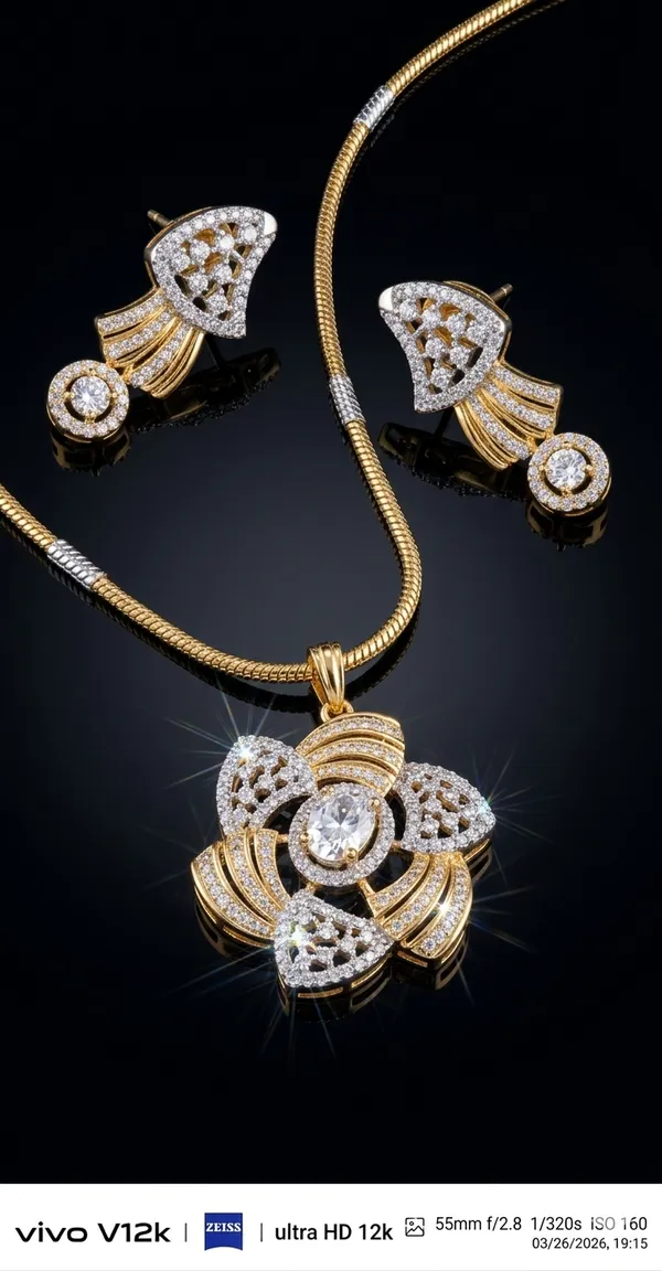 Gold_Plated_Brocket_American_Diamond_Pendant_with_Rhodium_Chain_and_Stud_Earrings