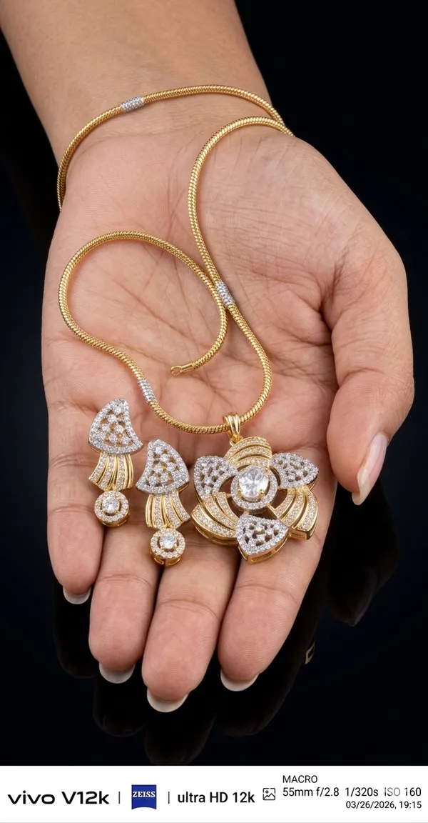 Gold_Plated_Brocket_American_Diamond_Pendant_with_Rhodium_Chain_and_Stud_Earrings