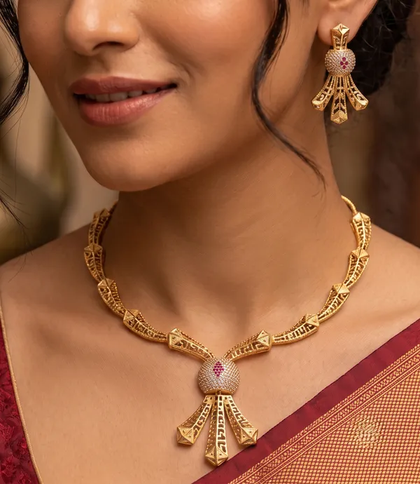 Matte_Gold_Plated_Filigree_Mesh_Choker_Necklace_Set_with_CZ_Stones_&_Pink_Ruby_Motif_|_MAS_JEWELLEES