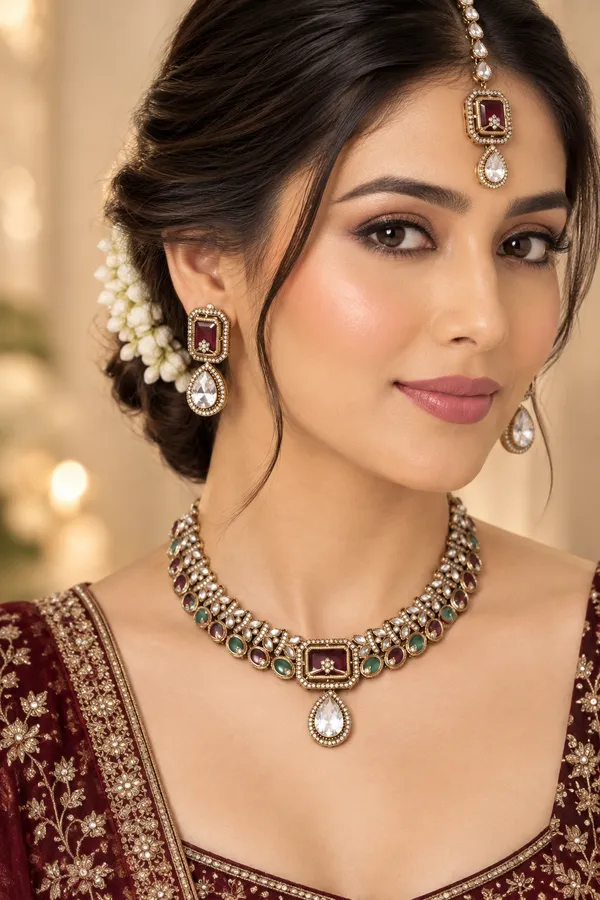 Antique_Gold-Plated_Kundan_Necklace_Set_with_Ruby_Pink_Stones_&_Maang_Tikka