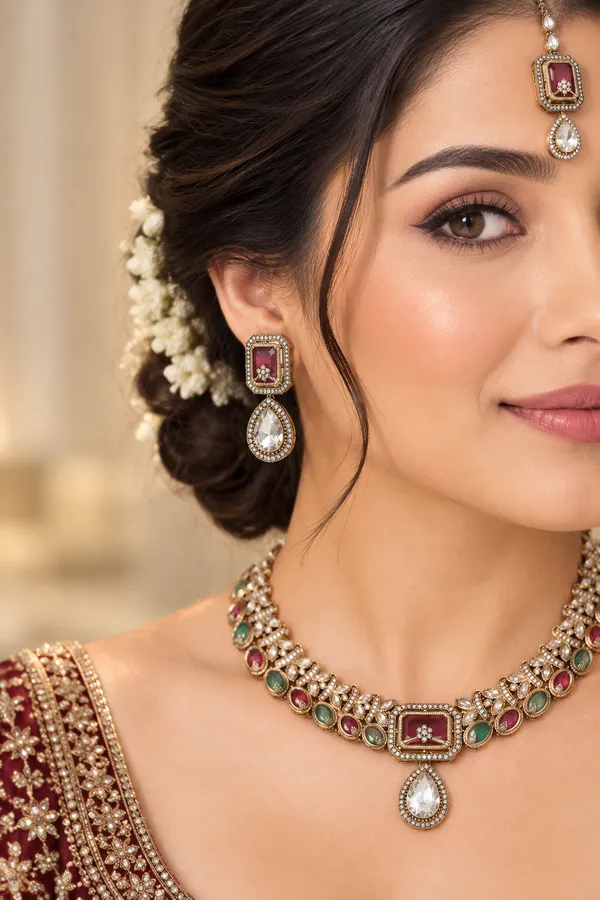 Antique_Gold-Plated_Kundan_Necklace_Set_with_Ruby_Pink_Stones_&_Maang_Tikka