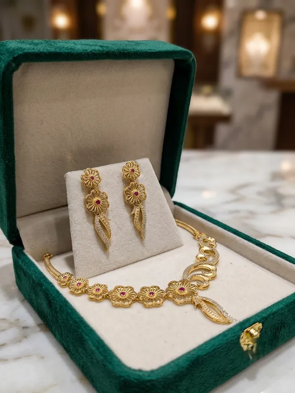 Asymmetric_Matte_Gold_Plated_Wheel-Flower_Collar_Necklace_Set_with_Ruby_Pink_Stones_&_White_American_Diamonds_|_MAS_JEWELLERS