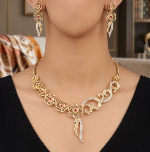 Asymmetric_Matte_Gold_Plated_Wheel-Flower_Collar_Necklace_Set_with_Ruby_Pink_Stones_&_White_American_Diamonds_|_MAS_JEWELLERS
