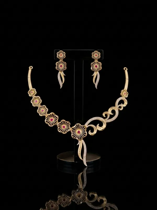 Asymmetric_Matte_Gold_Plated_Wheel-Flower_Collar_Necklace_Set_with_Ruby_Pink_Stones_&_White_American_Diamonds_|_MAS_JEWELLERS
