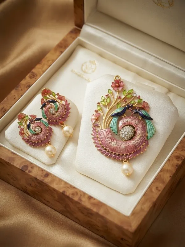 The_'Mayur_Pankh'_Handcrafted_Meenakari_Peacock_Pendant_&_Earrings_Set_in_Gold_Finish