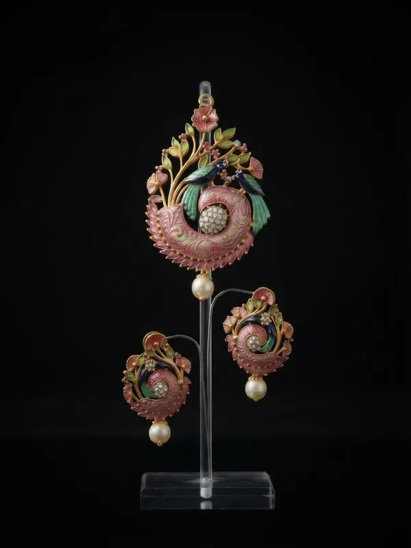 The_'Mayur_Pankh'_Handcrafted_Meenakari_Peacock_Pendant_&_Earrings_Set_in_Gold_Finish