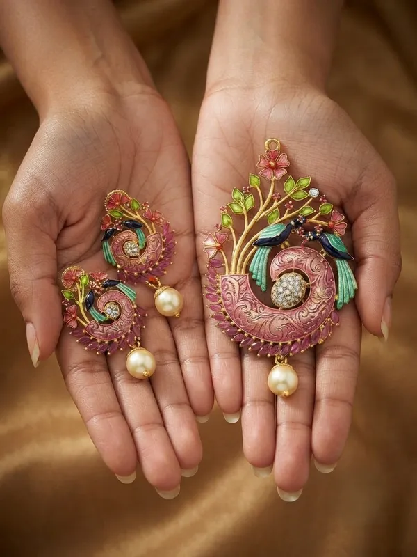 The_'Mayur_Pankh'_Handcrafted_Meenakari_Peacock_Pendant_&_Earrings_Set_in_Gold_Finish