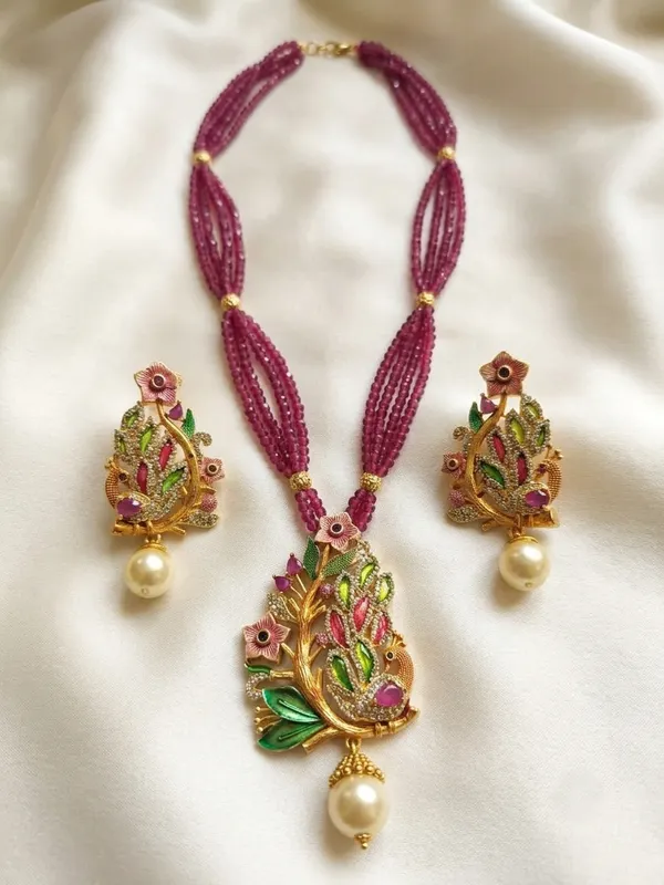 Royal_Pastel_Peacock_Hand-Painted_Pendant_Necklace_with_Matching_Earrings