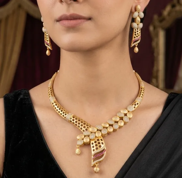 Contemporary_Honeycomb_Matte_Gold_Necklace_Set_with_Earrings_|_Pave_CZ_&_Ruby_Accent