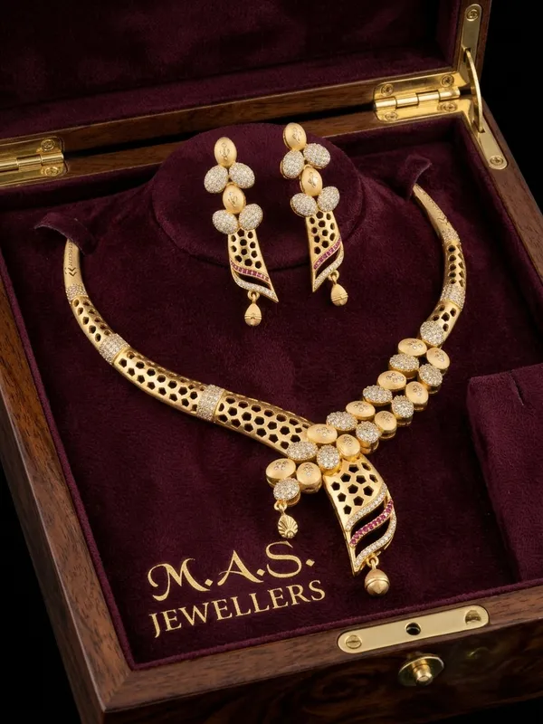 Contemporary_Honeycomb_Matte_Gold_Necklace_Set_with_Earrings_|_Pave_CZ_&_Ruby_Accent