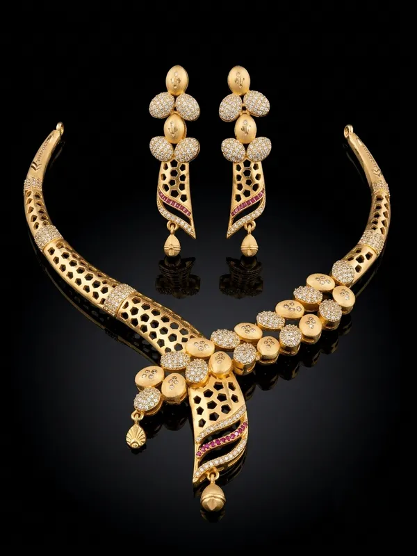 Contemporary_Honeycomb_Matte_Gold_Necklace_Set_with_Earrings_|_Pave_CZ_&_Ruby_Accent