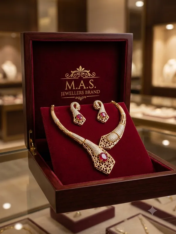 Designer_Matte_Gold_Choker_Necklace_&_Matching_Drop_Earrings_with_Oval_Ruby_Crystal_&_Pavé_Diamond_Detailing_|_MAS_JEWELLERS