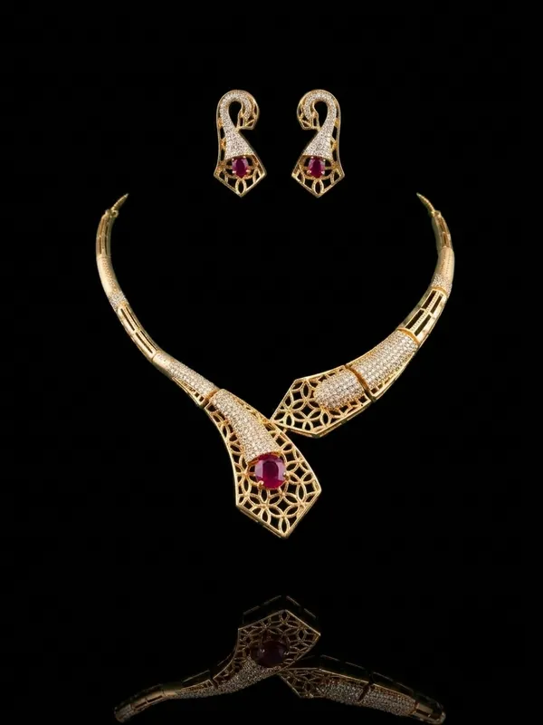 Designer_Matte_Gold_Choker_Necklace_&_Matching_Drop_Earrings_with_Oval_Ruby_Crystal_&_Pavé_Diamond_Detailing_|_MAS_JEWELLERS