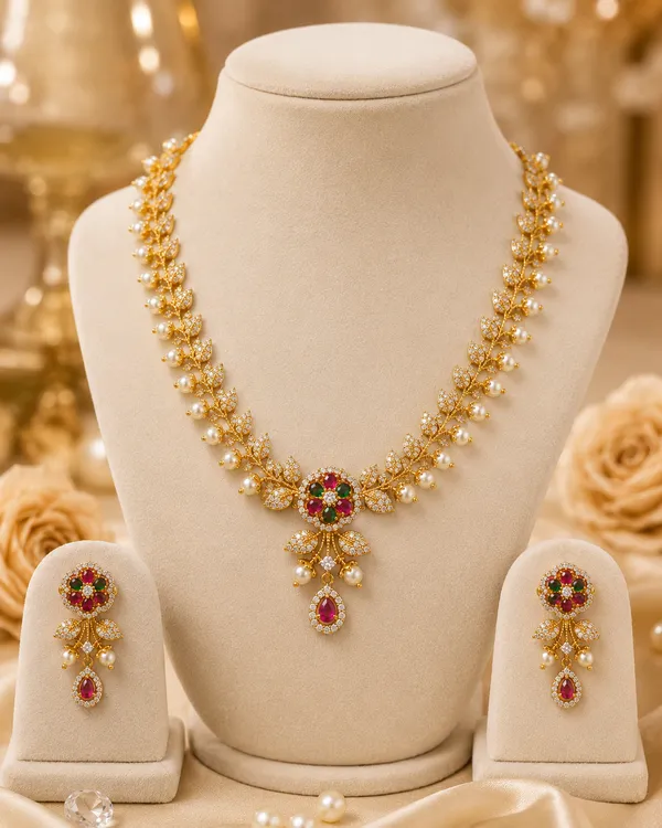 Elegant,_nature-inspired_designer_|_Gold-Plated_Leaf_Floral_CZ_&_Pearl_Necklace_with_Matching_Earrings