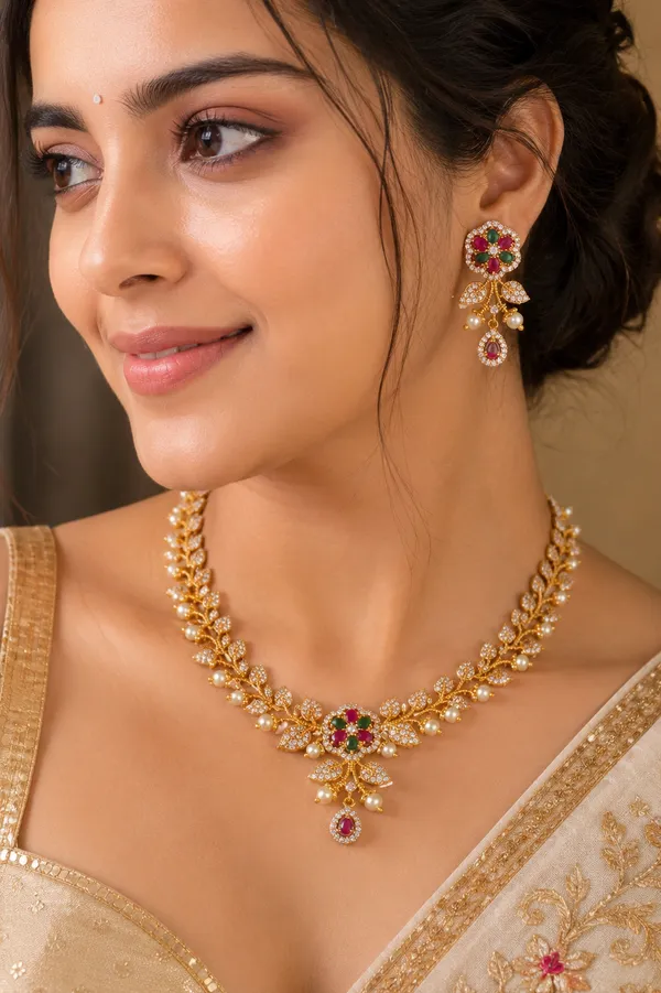 Elegant,_nature-inspired_designer_|_Gold-Plated_Leaf_Floral_CZ_&_Pearl_Necklace_with_Matching_Earrings