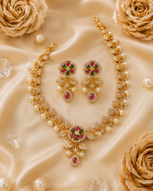 Elegant,_nature-inspired_designer_|_Gold-Plated_Leaf_Floral_CZ_&_Pearl_Necklace_with_Matching_Earrings
