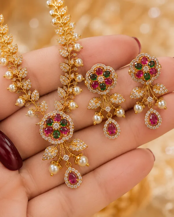 Elegant,_nature-inspired_designer_|_Gold-Plated_Leaf_Floral_CZ_&_Pearl_Necklace_with_Matching_Earrings