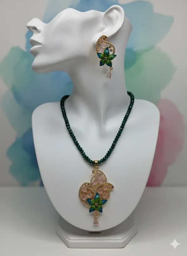 Emerald_Green_Beaded_Necklace_&_Meenakari_Floral_Pendant_Set
