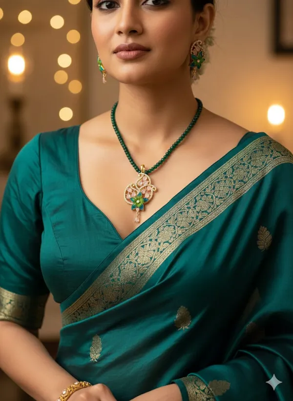 Emerald_Green_Beaded_Necklace_&_Meenakari_Floral_Pendant_Set