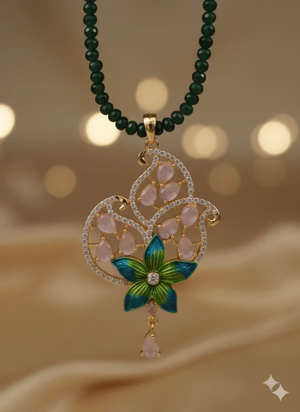 Emerald_Green_Beaded_Necklace_&_Meenakari_Floral_Pendant_Set