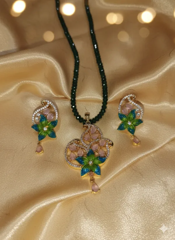 Emerald_Green_Beaded_Necklace_&_Meenakari_Floral_Pendant_Set