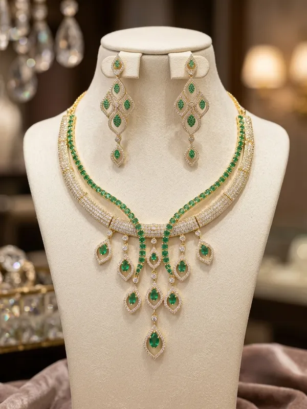 Emerald_Green_&_Cubic_Zirconia_Choker_Necklace_Set_with_Matching_Danglers