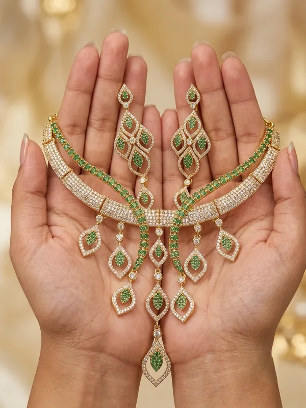 Emerald_Green_&_Cubic_Zirconia_Choker_Necklace_Set_with_Matching_Danglers