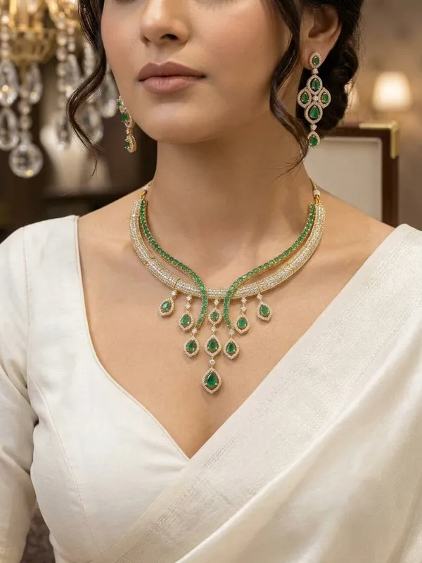 Emerald_Green_&_Cubic_Zirconia_Choker_Necklace_Set_with_Matching_Danglers