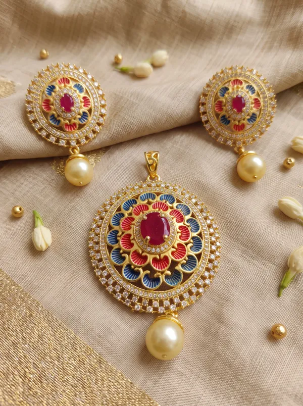 Ethnic_Gold_Finish_Round_Floral_Enamel_Pendant_Set_with_Dangling_Pearls_|_MAS_JEWELLERS