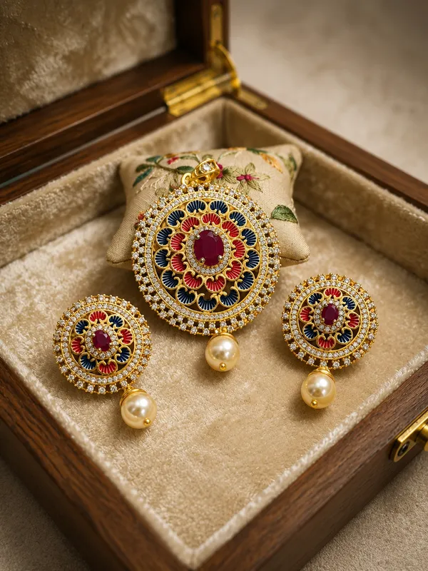 Ethnic_Gold_Finish_Round_Floral_Enamel_Pendant_Set_with_Dangling_Pearls_|_MAS_JEWELLERS