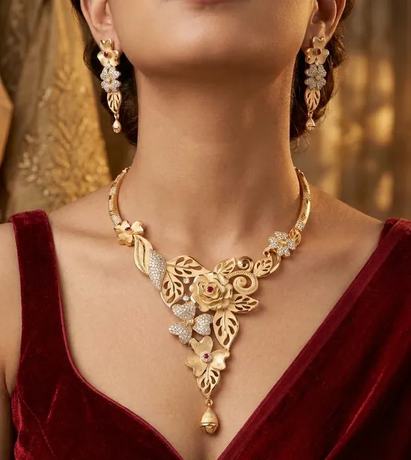 Gold_Plated_Floral_Rose_Cascading_Necklace_Set_with_CZ_Stones_&_Matching_Drop_Earrings_|_MAS_JEWELLERS