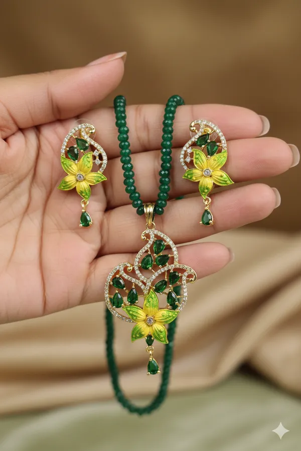 Handcrafted_Yellow_Floral_Enamel_&_Green_Beaded_"Haldi-Special"_Necklace_Set_and_studds