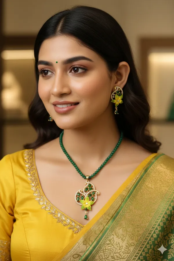 Handcrafted_Yellow_Floral_Enamel_&_Green_Beaded_"Haldi-Special"_Necklace_Set_and_studds