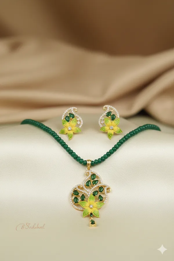 Handcrafted_Yellow_Floral_Enamel_&_Green_Beaded_"Haldi-Special"_Necklace_Set_and_studds