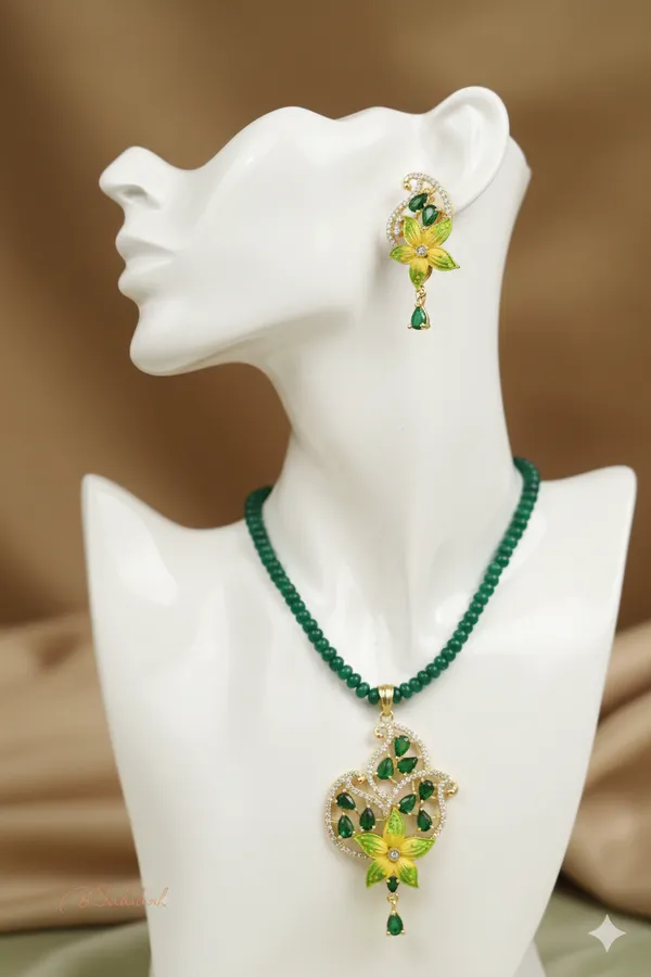 Handcrafted_Yellow_Floral_Enamel_&_Green_Beaded_"Haldi-Special"_Necklace_Set_and_studds