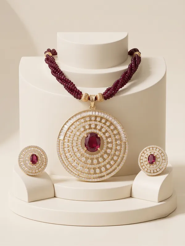 Heritage_Circular_Ruby-Pink_CZ_Statement_Pendant_Set_with_Multi-Strand_Twisted_Onyx/Agate_Mala_&_Matching_Tops