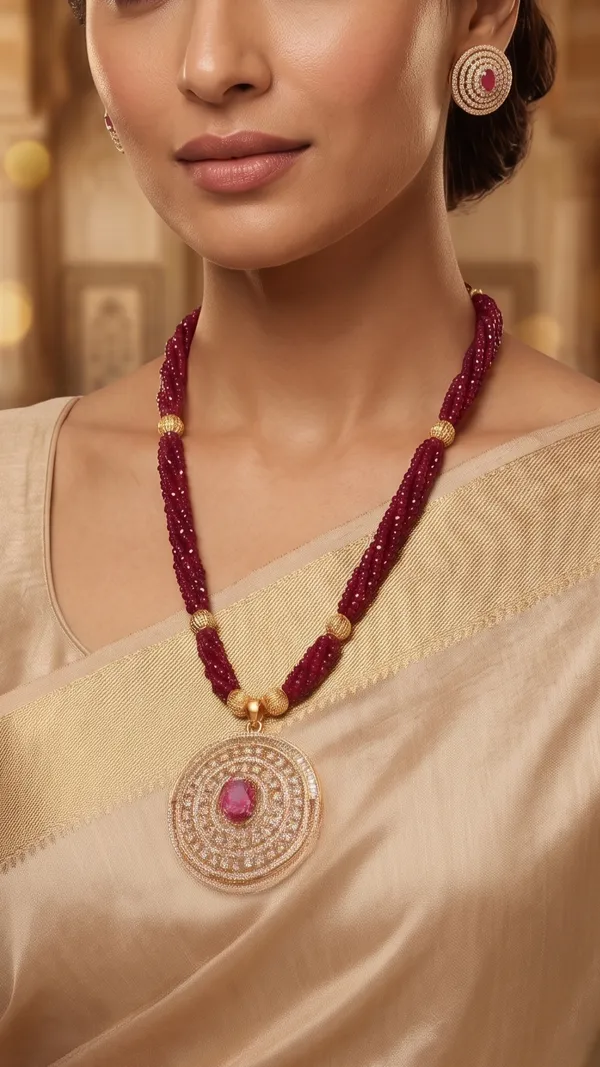 Heritage_Circular_Ruby-Pink_CZ_Statement_Pendant_Set_with_Multi-Strand_Twisted_Onyx/Agate_Mala_&_Matching_Tops