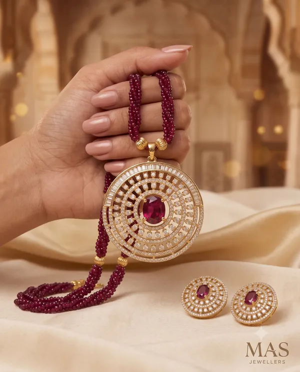 Heritage_Circular_Ruby-Pink_CZ_Statement_Pendant_Set_with_Multi-Strand_Twisted_Onyx/Agate_Mala_&_Matching_Tops