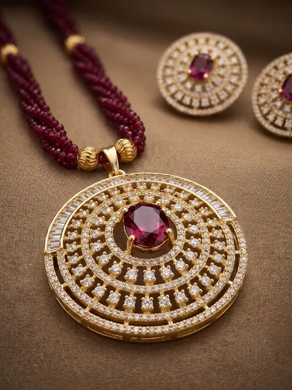 Heritage_Circular_Ruby-Pink_CZ_Statement_Pendant_Set_with_Multi-Strand_Twisted_Onyx/Agate_Mala_&_Matching_Tops
