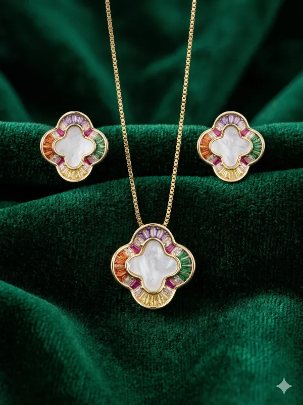 Iris_Radiant_Clover_Set_–_Gold_Plated_Mother-of-Pearl_&_Rainbow_Baguette_Gemstone_Necklace_with_Matching_Stud_Earrings