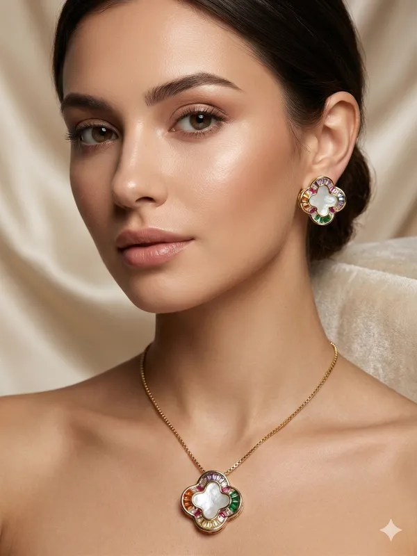 Iris_Radiant_Clover_Set_–_Gold_Plated_Mother-of-Pearl_&_Rainbow_Baguette_Gemstone_Necklace_with_Matching_Stud_Earrings