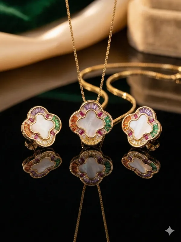 Iris_Radiant_Clover_Set_–_Gold_Plated_Mother-of-Pearl_&_Rainbow_Baguette_Gemstone_Necklace_with_Matching_Stud_Earrings