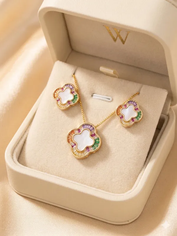Iris_Radiant_Clover_Set_–_Gold_Plated_Mother-of-Pearl_&_Rainbow_Baguette_Gemstone_Necklace_with_Matching_Stud_Earrings